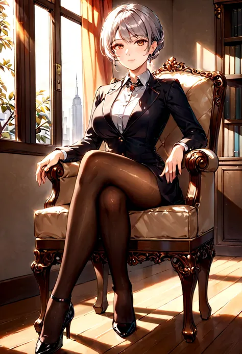 crossed legs,office,pantyhose, rays of light, elegance face,mature face