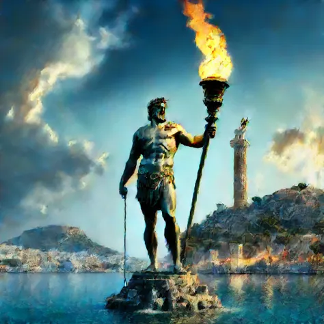 there is a statue of a man holding a torch in front of a body of water, colossus of rhodes, the colossus of rhodes, panorama of ...