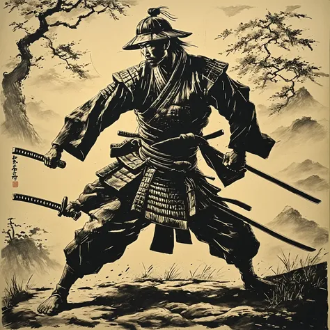 a samurai striking with his sword