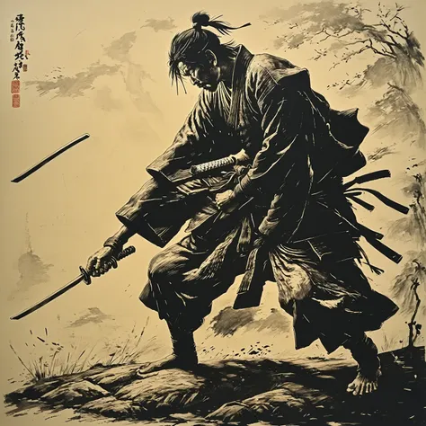 a samurai striking with his sword