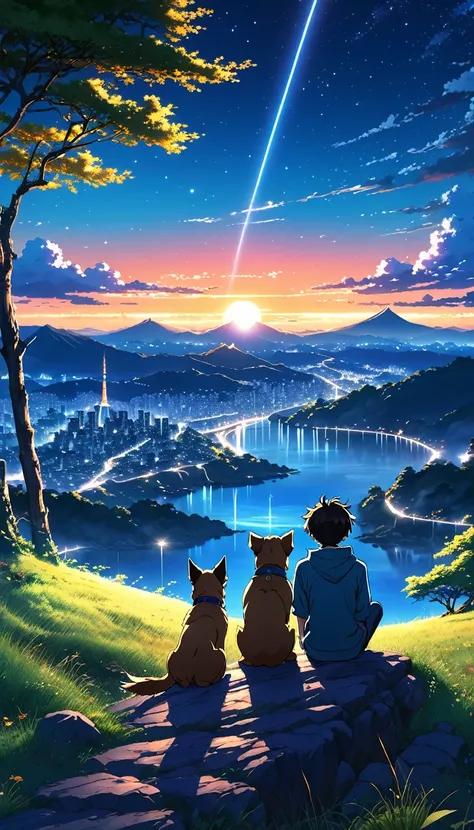 high quality, 8K Ultra HD, great detail, masterpiece, an anime style digital illustration, anime landscape of a boy with his dog sitting on a hill, a boy looking at a lighting the sky with a flashlight at night, anime wallpapers of nature with a serene sky...