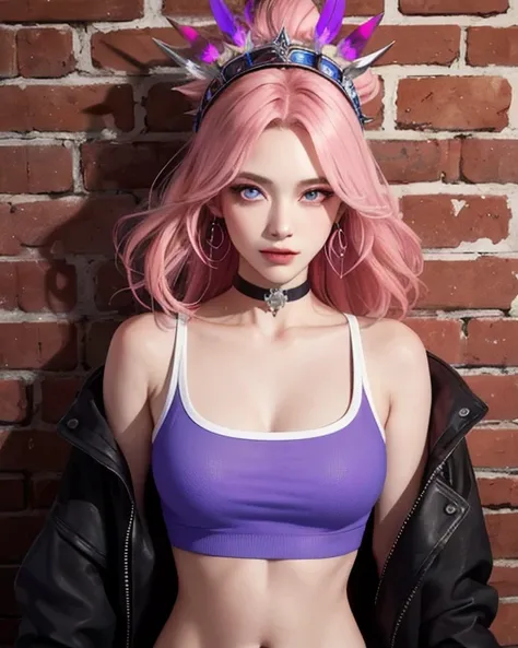 (masterpiece, Highest quality, One girl, alone, Intricate details, chromatic aberration), Realistic, ((Medium breath)),Long Hair, Pink Hair, Red headdress, pink highlights, Hair on one eye,Purple eyes, Earrings, Sharp eyes, choker, Neon Shirt, Open jacket,...