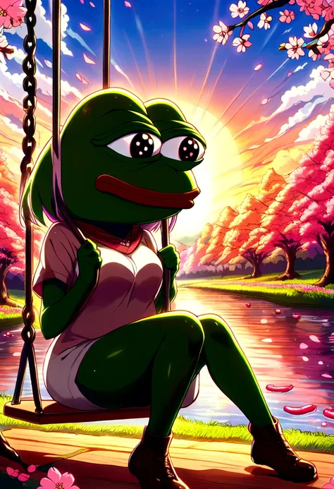 girl pepe on a swing, cherry blossom trees, sunset, anime