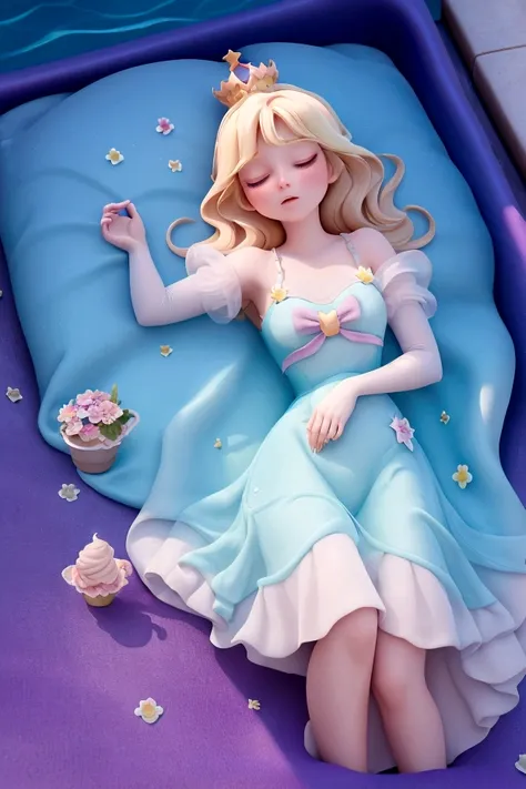 Disney&#39;s Sleeping Beauty Princess sleeps in hot summer weather, C4D, 3D famous animation movie style, Add some summer elements to the scene，Like ice cream and swimming pool