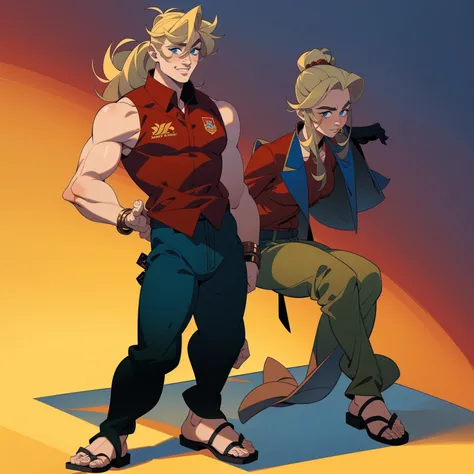 Solo, female, slightly muscular, big blue eyes, cropped jacket, Black curly long hair in a ponytail, full body, sandals, bare arms, sleeveless blue jack with red shirt, cargo pants, gold accessories,
