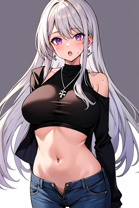 enterprise_(azur_lane) 1girl :o alternate_costume arm_behind_head bare_shoulders black_shirt blush breasts denim grey_hair gyaru hand_in_own_hair jeans large_breasts long_hair long_sleeves looking_at_viewer navel open_mouth pants purple_eyes shirt simple_b...