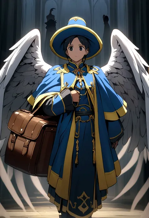 Black flying male ghost, black eyes, wearing a blue cloak with yellow trim, a tall blue hat with yellow trim with angel wings on both sides, and carrying a leather bag.