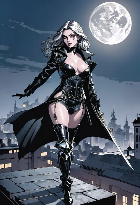 /imagine prompt: A captivating comic-style illustration featuring a 25-year-old female demon hunter with long wavy hair, in a black leather trench coat, corset, vinyl pants, and long boots, carrying a sword on her back. With gray eyes, black lips, and pale...