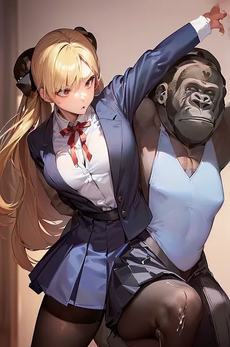 masterpiece, best quality,anime style, 1 girl,(((slender body))), (((small breast))),(((blue blazer,white shirt,checkered pleated skirt,red ribbon,black pantyhose))),(((((a gorilla man grabbing the girl))))), ((((restrained, arms behind back)))),((((cum)))...