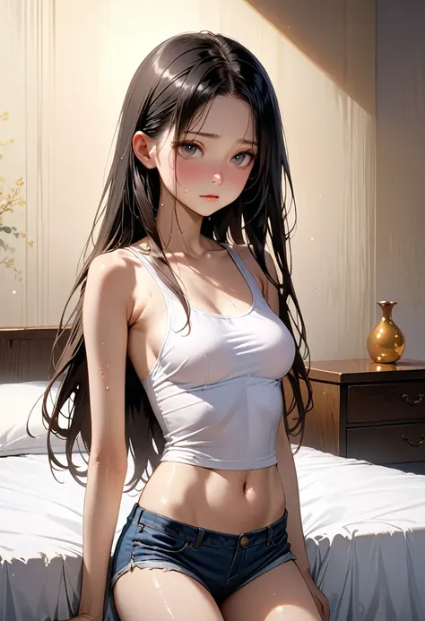 ((masterpiece,Highest quality;1.3,best illustration,realistic)),1woman、独奏,18 year old beauty,((very small head:1.1)),(center parted bangs),black hair,long hair,black eyes,gorgeous eyes,shy,medium breasts,((very long body)),((toned body,slender body,skinny)...