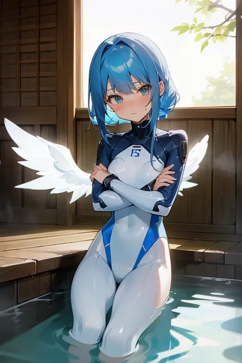 (powerd suits:1.2),1girl,cute,blue hair,Cross your arms,Inside the room,Angel,onsen,sitting,tsundere