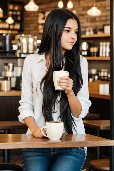 A brunette teenager with long black hair, drinking coffee in a cafe 