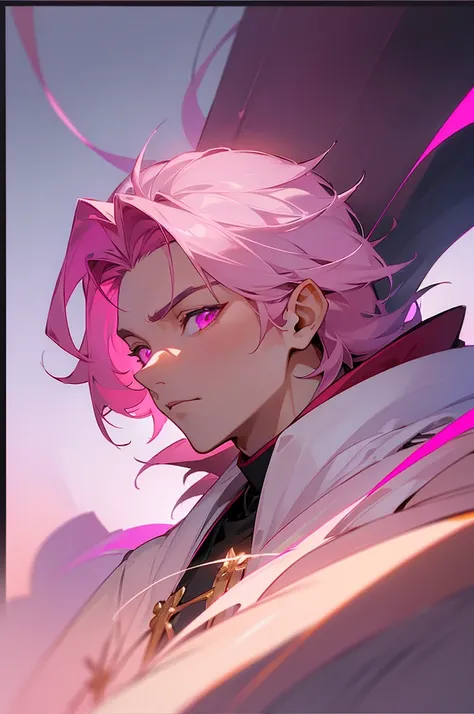 1man, solo, male focus, tmasterpiece, fantasy world, mysterious, handsome, pink hair, pink eyes, highest quality digital art, Stunning art, stunning art, wallpaper 4K, 8K, 16K, 32K, absurdres, highly detailed, anime masterpiece, serene expression, anime, b...