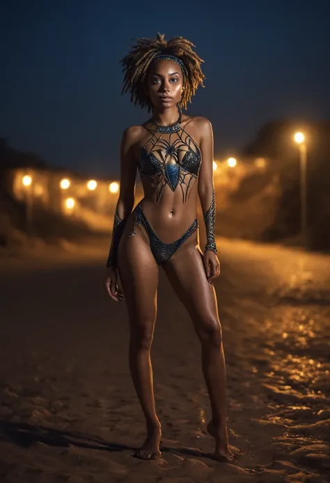 full body length,spidergirl of Calcite,babygirl,native african,intricate details,realistic humid skin,extremely intricate,Epic Realistic, Romantic, cinematic style,irina yermolova, messy hair,luminous eyes,extremely detailed, [night landscape],masterpiece,...