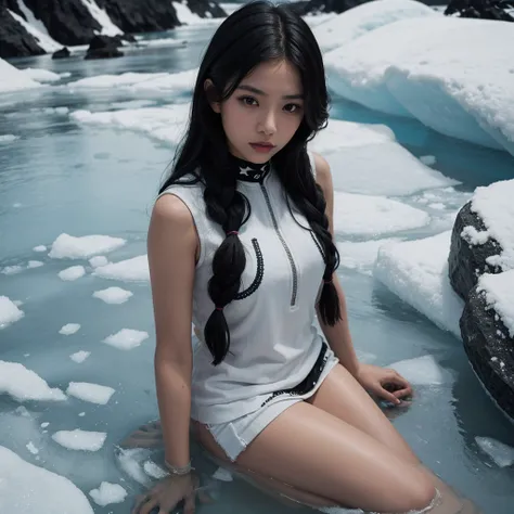 Indigenous woman, in the ice, painted black and white, like an Ona