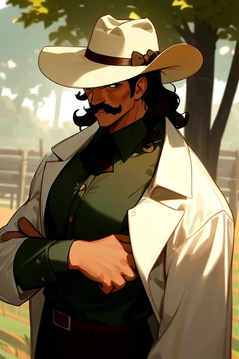 Guy young handsome, short wavy black hair, white skin, strong, dark Green eyes, brown cowboy hat, moustache, muscular, Button-down shirt open to the middle. dinamic pose, glow, sun day light, trees background farm scenery, soft blur background