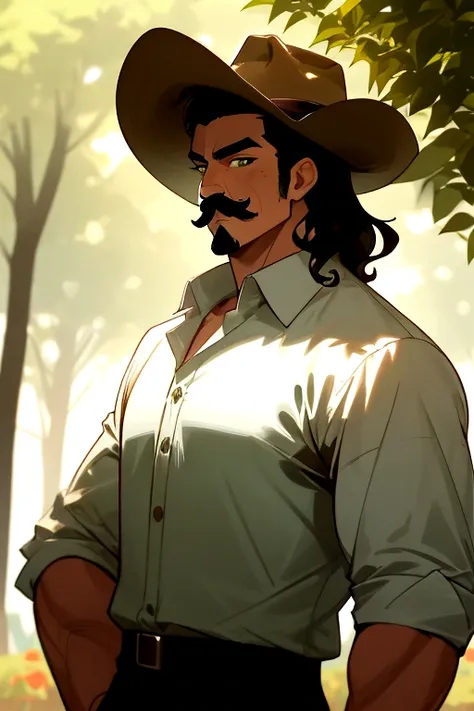 Guy young handsome, short wavy black hair, white skin, strong, dark Green eyes, brown cowboy hat, moustache, muscular, Button-down shirt open to the middle. dinamic pose, glow, sun day light, trees background farm scenery, soft blur background