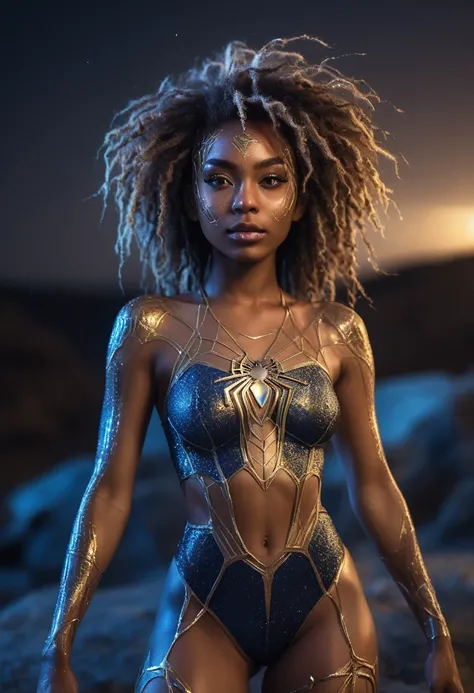 full body length,spidergirl of Chalcopyrite,babygirl,native african,intricate details,realistic humid skin,extremely intricate,Epic Realistic, Romantic, cinematic style,irina yermolova, messy hair,luminous eyes,extremely detailed, [night landscape],masterp...