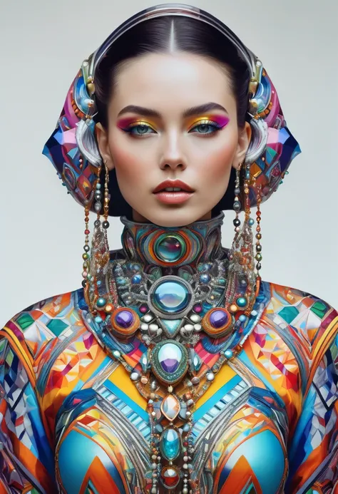 Hyperrealistic portrait of a beautiful woman wearing intricately detailed colorful clothing and futuristic jewellery.