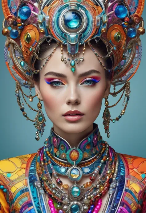 Hyperrealistic portrait of a beautiful woman wearing intricately detailed colorful clothing and futuristic jewellery.