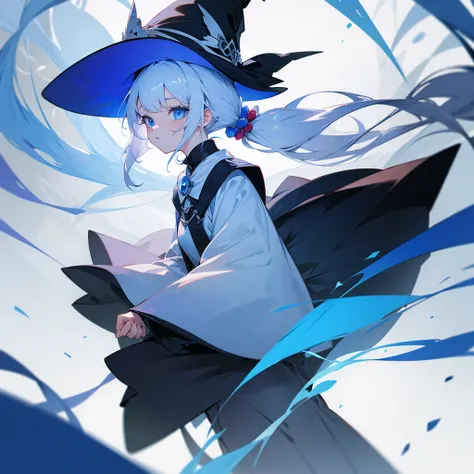 1 girl, white haired, twin ponytails, blue eyes, witch design