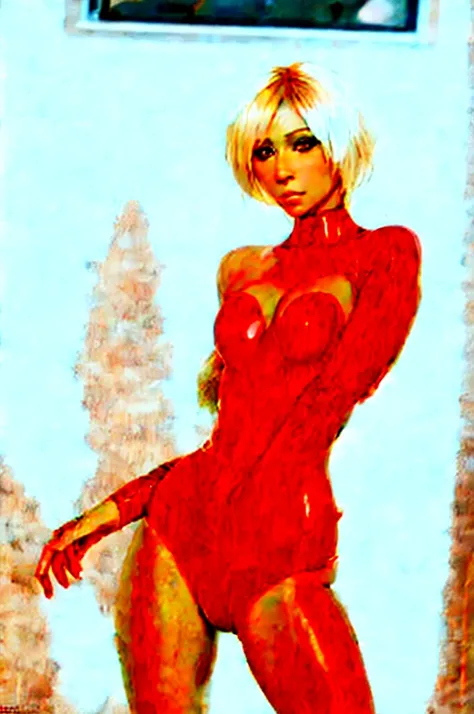 a photograph of a blonde Jessica Nigri, ((RED skin))
