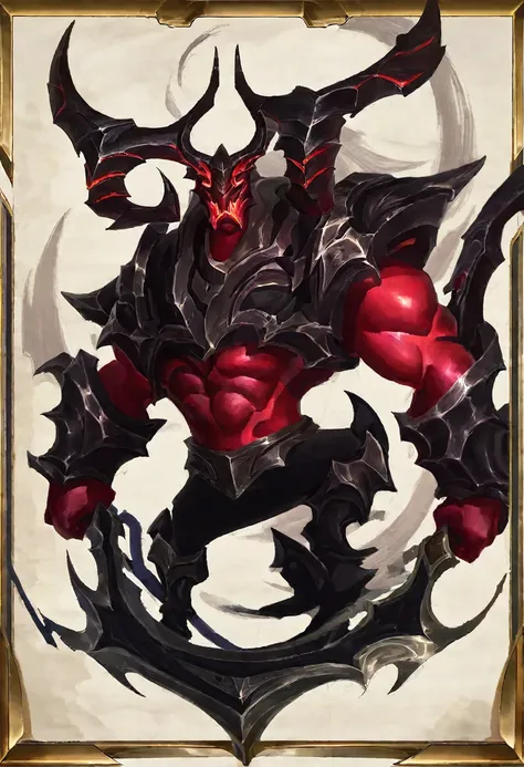 Rhaast character from league of legends. A demonic being, with horns and red skin and black armor. Make him look bad.