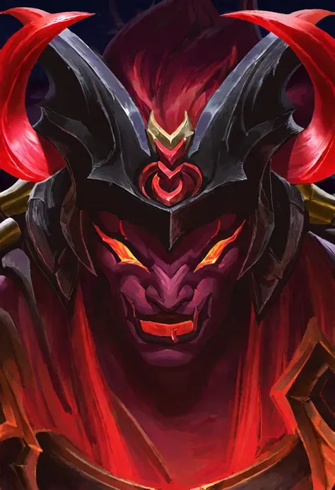 Rhaast character from league of legends. A demonic being, with horns and red skin and black armor. Make him look bad.