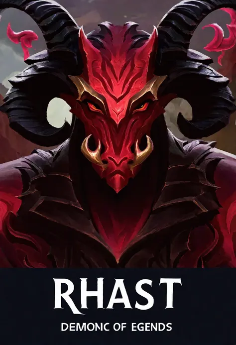 Rhaast character from league of legends. A demonic being, with horns and red skin and black armor. Make him look bad.