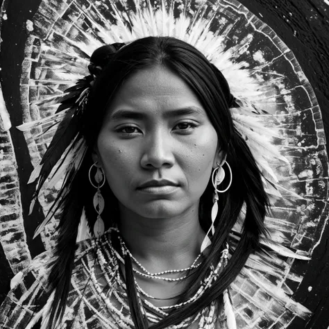 Indigenous woman, in the ice, painted black and white, like an Ona