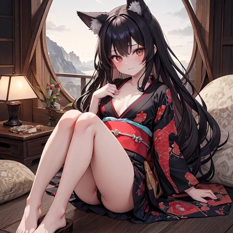 (Fox Girl, Fox Ears, Black colored hair, Fox Makeup, One Girl, Long Hair:1.6), (kimono, Kimono with open chest, A beautiful kimono with red and black patterns, I can see her cleavage, Open chest, Exposed skin:1.8), (Body measurements are 75-60-75!, Young g...