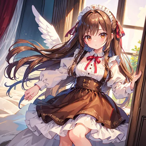 ((masterpiece)), ((Highest quality)), ((Super detailed)), pretty girl, Brown long hair, Beautiful brown eyes, Maid clothes, ribbon, Angel&#39;s wing, 🤍, ((Simple white background))