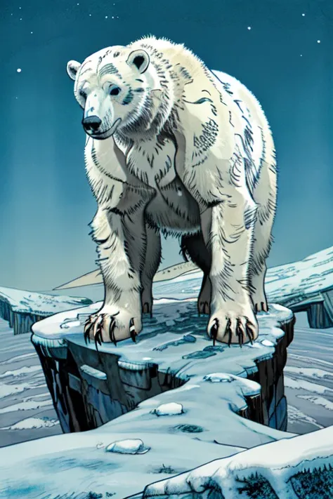 Polar bear stands looking at the sky Medium muscular, frozen planet setting, snowstorm , zoomed in on crotch, , chunie, darkgem, He uses an old, torn blanket made of animal hide as a garment for his body. 