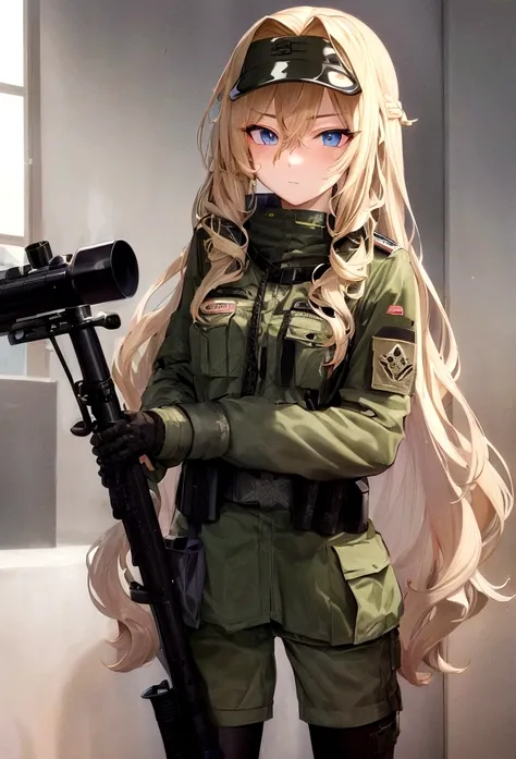 teenager military sniper with long blond curly hair and cold eyes