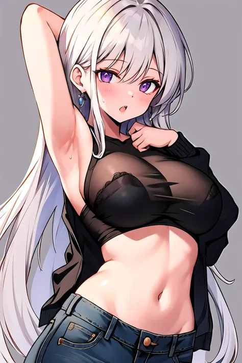 enterprise_(azur_lane) 1girl :o alternate_costume arm_behind_head bare_shoulders black_shirt blush breasts denim grey_hair gyaru hand_in_own_hair jeans large_breasts long_hair long_sleeves looking_at_viewer navel open_mouth pants purple_eyes shirt simple_b...