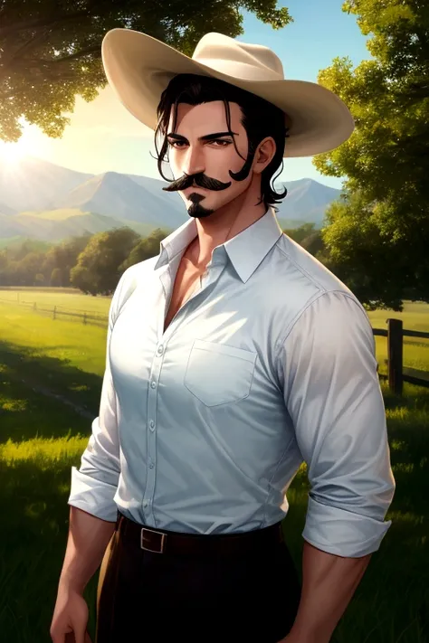 Guy young handsome, short wavy black hair, white skin, strong, dark Green eyes, brown cowboy hat, moustache, muscular, Button-down shirt open to the middle. dinamic pose, glow, sun day light, trees background farm scenery, soft blur background