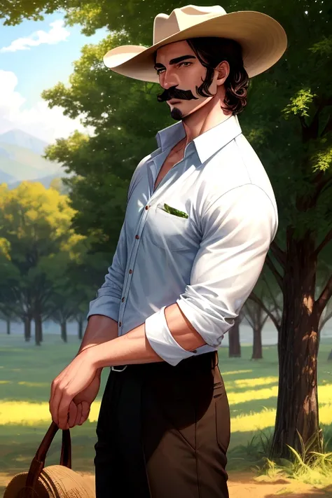 Guy young handsome, short wavy black hair, white skin, strong, dark Green eyes, brown cowboy hat, moustache, muscular, Button-down shirt open to the middle. dinamic pose, glow, sun day light, trees background farm scenery, soft blur background