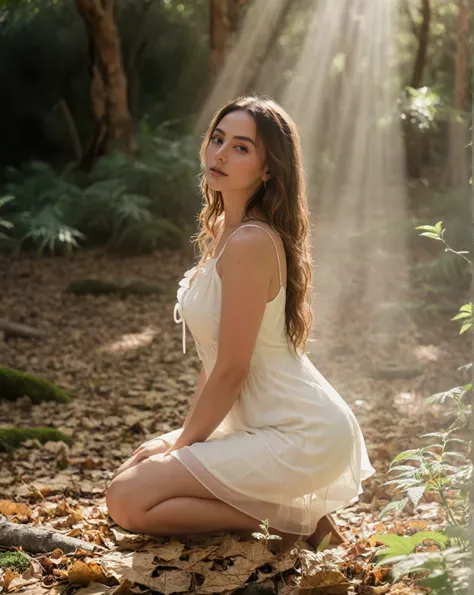 Cinematic photorealistic portrait frame of (((ohwx woman))), embodying eternal beauty amidst the lush greenery of the Paphos forest. Captured by Craig McDean with a romantic and ethereal aesthetic.. She stands in the middle of a clearing bathed in soft lig...