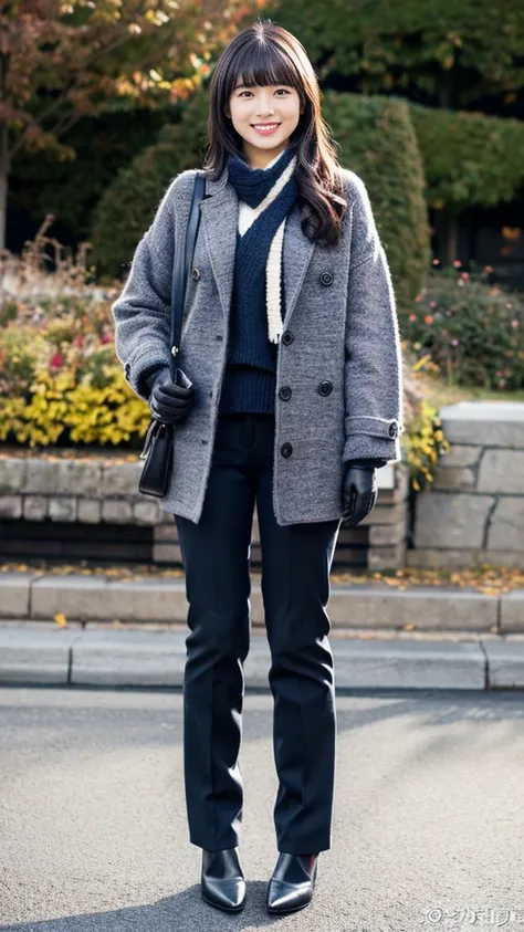 Wearing a knitted sweater, Long trench coat and black leather gloves,Black socks and business pants,pumps,Full body photo,Photo by Nikon,See-through bangs,smile,girl&#39; Black business long pants style,Weather Caster,See-through bangs,Mature idol girl,One...