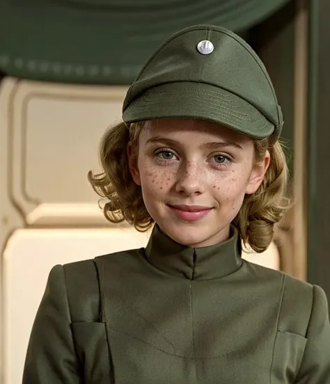 pretty young girl in olive green imperial officer uniform and hat, short curly blonde messy curls, little freckles, rosy cheeks,...