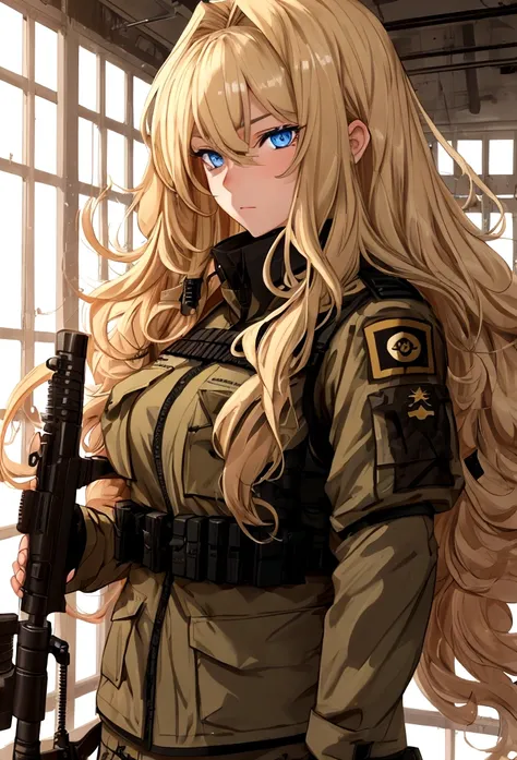 teenager military sniper with long blond curly hair and cold eyes