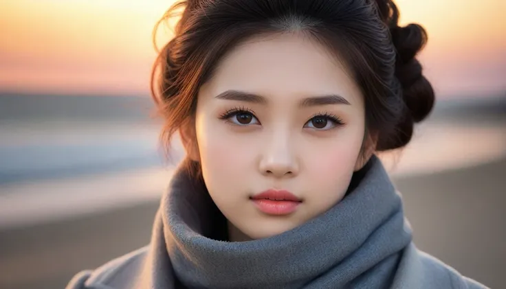 8K, 超High resolution, Highest quality, masterpiece, Surreal, photograph,Three-part method, 1 Girl, (16 years old:1.3), pretty girl, Cute face, Beautiful eyes in every detail,Japan Female Announcer,Close Up、Young Wife,(Wearing a long winter coat and scarf、C...