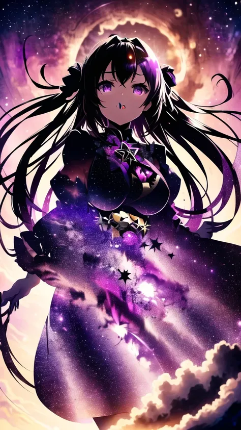 masterpiece, Highest quality, Purple eyes, (silhouette:1.3), Big Breasts, star (null), dress 、Composition from below、