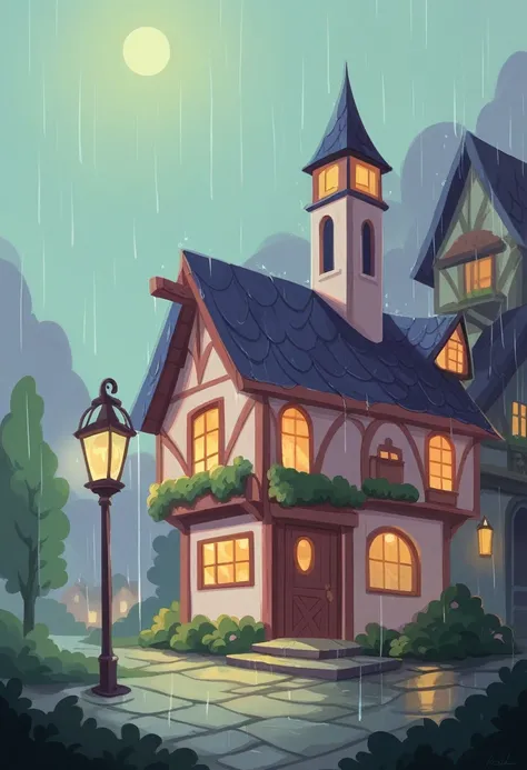 "Illustrate a house under a gentle rain shower during the night. The scene should convey a sense of tranquility and mystery, with raindrops shimmering under the glow of street lamps or moonlight. The house should appear cozy and warmly lit from within, con...