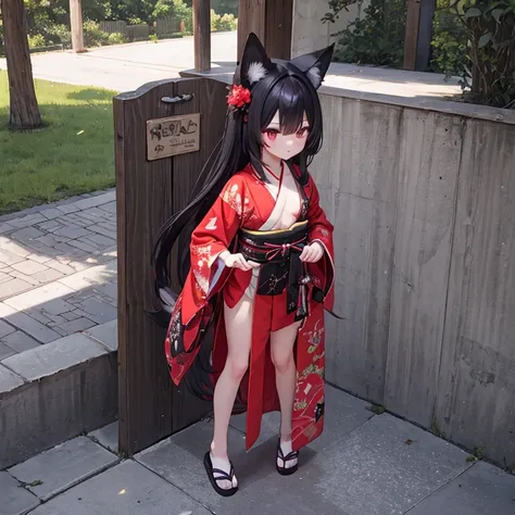 (Fox Girl, Fox Ears, Black colored hair, Fox Makeup, One Girl, Long Hair:1.6), (kimono, Kimono with open chest, A beautiful kimono with red and black patterns, I can see her cleavage, Open chest, Exposed skin:1.8), (Body measurements are 75-60-75!, Young g...