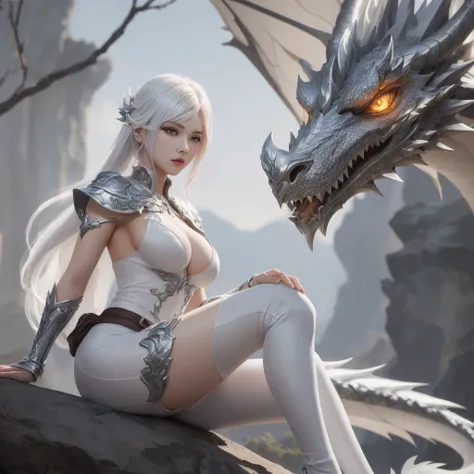 mulher loira com roupa prateada sentada na pedra ao lado do dragão, WLOP e Ross Tran, ilustração de fantasia realista, Arte de fantasia 4k, 2. arte de fantasia de anime 5 d cgi, rainha dos dragões, Arte de fantasia detalhada, Modelo IG | artegerm, extremel...