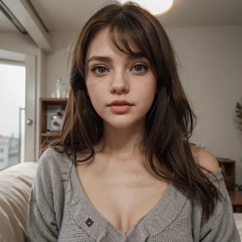 Girl with full heart-shaped lips, gray siren eyes, thin doll nose, brown hair.