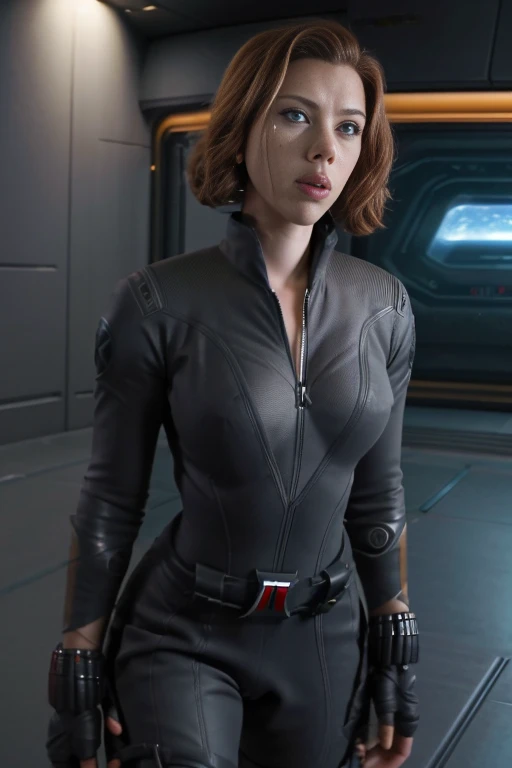 ((best quality)), ((masterpiece)), ((Scarlett Johansson)) (detailed), perfect face, playful 30 year old woman, muscular and athletic body.  Sensual pose. Inside a spacesuit, wearing highly detailed futuristic skimpy mass effect armor, semi nude, big .