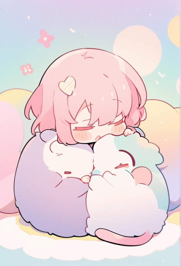 best quality, masterpiece, cat and mouse taking a nap, feeling safe when they are close together, friendly, cute, cute pose, pastel color fluffy image effect background, most beautiful girl ever、Chibi