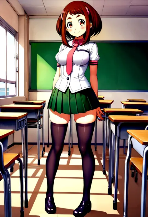 Ochako Uraraka, spread legs, no panties, smiling, White shirt, Red tie, green pleated skirt, black mid thigh stockings, black shoe, Classroom, full body, standing